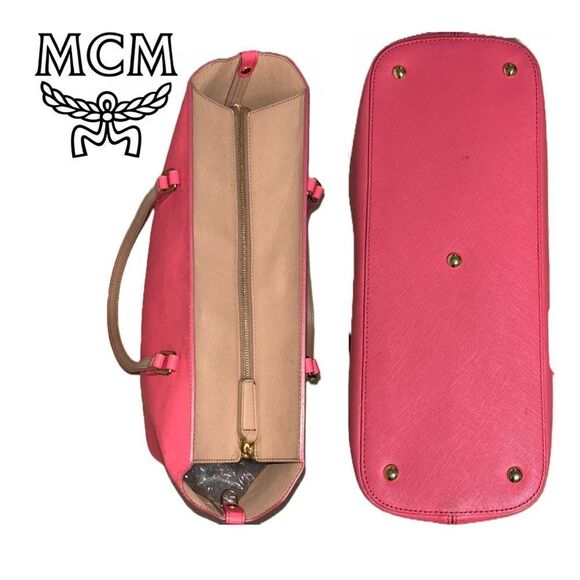 MCM Hot Pink and Tan Saffiano Leather Large Tote Bag - Picture 5 of 7